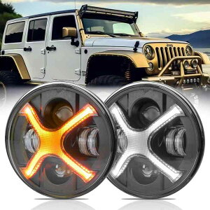 Motikvans �����O���[ 7�C���` LED�w�b�h���C�g �E�B���J�[��DRL�@�\�t�� Hi/Lo�ؑ֌^ �W�[�v JK TJ �g���^ FJ�N���[�U�[ �n�}�[H2�K�p �Ԍ��Ή� �ی^ 2�Z�b�g