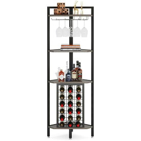 Tribesigns コーナーワインバーキャビネット 4段コーナーバー コーナーワインラック ガラスホルダーと収納棚付きコーナーワインシェルフ グレー W40×D40×H160cm