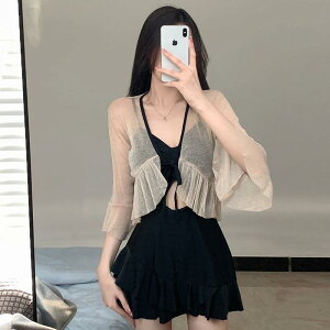 水着 レディース ワンピース 長袖アウター カーディガン ボレロフリル装飾 セットアップ フレアスカートワンピース レディース スーツウェア 無地 体型カバー ウエストカバー バックレス