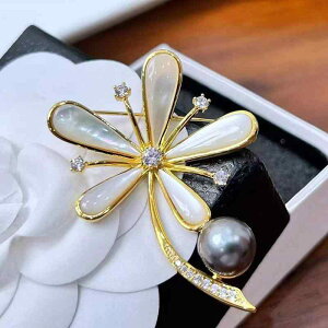 アクセサリー レディース DIY ※パールなし 空ホルダー 半完成品 厚手 金 メッキ シェル 五葉花 マイクロ 舗装 ジルコン ブローチ パール 翡翠 コサージュ ホルダー