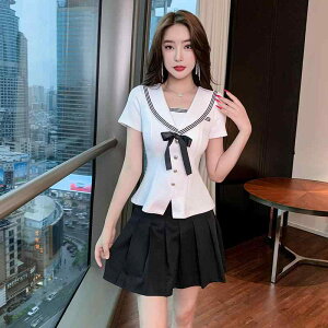 制服 スーツ レディース プリーツスカート セーラー服風 ウエストスリム 学生 秋 半袖 セットアップ リボン かわいい フェミニン エレガント 受付