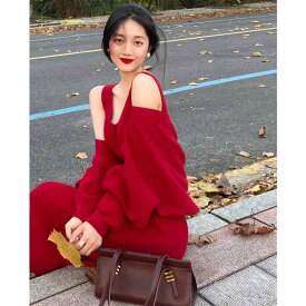 ドレス ジャケット レディース ファッション 干支年 フレンチ Vネック 赤 ニット ツーピース ショール レトロ 社交 女性 秋冬