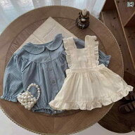 ドレス スカート ロンパース ベビー服 ジャンプ スーツ 春秋 女の子 青い チェック柄 人形 首輪 キュート…