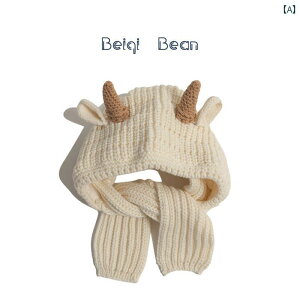 ニット帽 キッズ 子供用 帽子 スカーフ 一体型 秋冬 暖かい かわいい 枝角 男の子 女の子用 赤ちゃん 厚手 耳保護 ウール 帽子