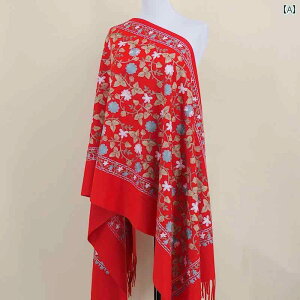 レディース 大判スカーフ ショール 長方形 エスニック刺繍プリント ウイングル 小さめ花柄 暖かい カラフル 手織り感 多 エレガント ソフト 軽量 春秋冬 上品