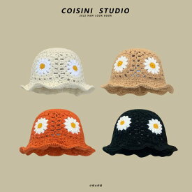 帽子 春秋 レディース 花 手編み 帽子 ウール バケットハット フィッシャーハット ニット帽 花模様