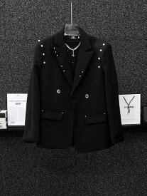 ジャケット メンズ おしゃれ着 黒 ジャケット カジュアル 春 金属 スタッズ ショルダーパッド シングル ジャケット ダブルブレスト