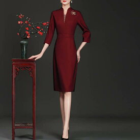 ワンピース きれいめ 上品 レディース ミセス チャイナドレス 秋 ミモレ丈スカートドレス エレガント 幸せ ウェディングドレス Aラインスカート 七分袖 ゴージャス