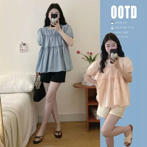 マタニティ スーツ 夏 ベビー ドール シャツ 体型カバー パフスリーブシャツ トップ ベリー サポート ショーツ 2点 セット 妊婦 ファッション