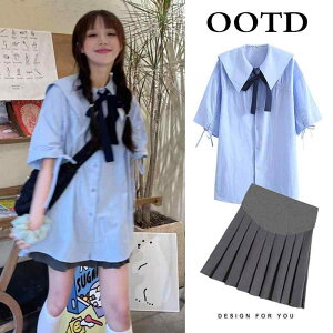 マタニティ 夏 スーツ 韓国 半袖 ドール カラー シャツ トップ プリーツスカート セットアップ 夏 セット 妊婦 ファッション 夏 レディース