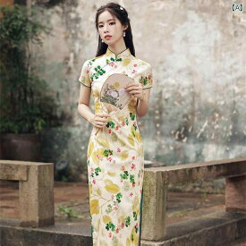 レディース 夏 チャイナ ドレス かわいい ワンピース 半袖 少女 エレガント 文学 ラミー ロング