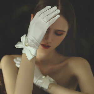 アクセサリー 手袋 ショート フレンチ リボン エレガント 豪華感 イブニングドレス ブライダル グローブ ホワイトサテン パール ウェディング ゴールド パーティー