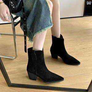 レディース アンクルブーツ 女性用 レトロ ウエスタンブーツ 太い ヒール ポインテッドトゥ ヌバックレザー ハイヒール V 口 革 ブーツ 袖 ショート