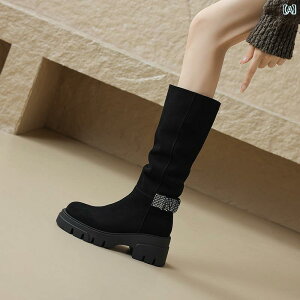 レディース カジュアル ラインストーン ロングブーツ おしゃれ 英国 レトロ つや消し 牛革 ナイト ブーツ 女性用 厚底 太い ヒール ラウンドトゥ スリム