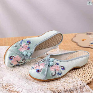 レディース 夏 ミュール おしゃれ 履きやすい エスパドーリュ風 スリッポン かかとなし 女性用 古風 布靴 平ら 柔らかい底 レトロ 包頭 刺繍 サンダル スリッパ アンティークリネン 漢服 靴