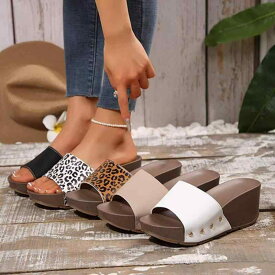サンダル レディース 厚底 ウェッジソール ワンストラップ 大きいサイズ 歩きやすい 春夏 PUレザー スタッズ 欧米風 白 ヒョウ柄 茶 ヒョウ柄 ホワイト オフホワイト ブラック