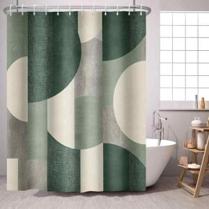 シャワーカーテン 防水 防カビ ポリエステル素材 モダン 抽象的 幾何学模様 円形デザイン セージグリーン 緑色 おしゃれ バスルーム 浴室用 インテリア セット