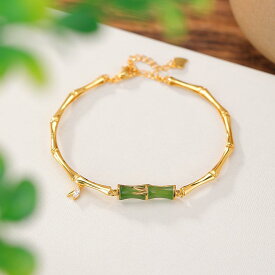 ブレスレット レディース S925純銀製 金メッキ ゴールドカラー 和田碧玉 天然石 竹モチーフ レトロモダン デザイン 幸運 開運 アジアンテイスト