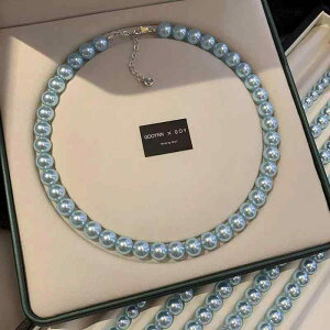 ネックレス レディース 女性用 ブルー 小粒パール パール貝 上品 エレガント 高級感 フレンチレトロ クラシカル 真金電気メッキ加工 銅製 軽量 プリンセス丈