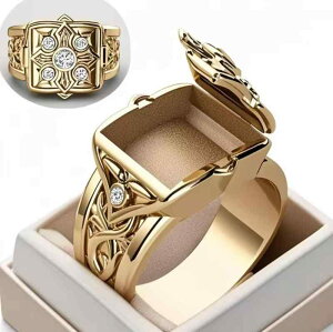 指輪 メンズ 男性用 重厚感 彫金 フリップ式 開閉式 マイクロパヴェ ジルコニア 幾何学デザイン 欧米スタイル ファッション 銅製 電気メッキ加工 ゴールド シルバー