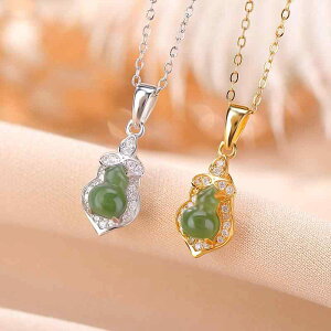 ペンダント S925純銀 ゴールドメッキ 和田翡翠 碧玉 縁起物 ひょうたん 福禄 レトロ 中国風 エスニック アンティーク調 エレガント 上品 チャーム ネックレス