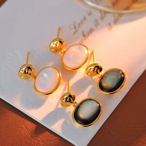 ピアス イヤリング レディース 女性用 電気メッキ加工 高級感 上品 楕円形 オーバル シェルパール 貝殻 小さめ ミニ ゴールド フレンチスタイル 日韓スタイル 幾何学模様 ブラック ホワイト