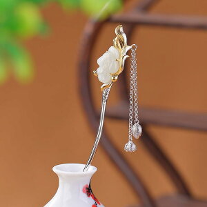 かんざし レディース S925純銀製 金メッキ 和田玉 新チャイナ風 開運 蓮の花 ロータス タッセル 髪飾り ヘアアクセサリー 和装小物 浴衣 着物 フォーマル パーティー イベント 女性用