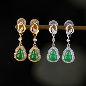 ピアス レディース エレガント 多用途 オールシーズン 925シルバー 金メッキ 翡翠 ひょうたん モチーフ レトロ 新チャイナスタイル オリエンタル