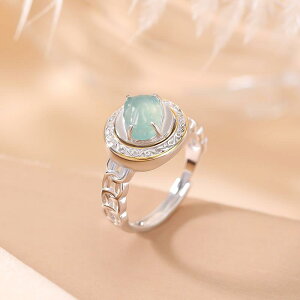 指輪 レディース S925 スターリングシルバー 金メッキ ブルー翡翠 レトロ国風 コイン 貔貅 回転式リング フリーサイズ サイズ調整可能 オープンリング クラシック アンティーク 民族風 魔除