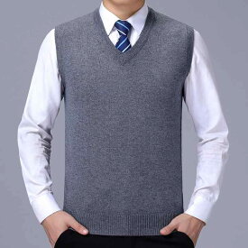 ベスト ジレ メンズ 男性用 ミドル世代 上質カシミヤ ウール混 Vネック ノースリーブ 無地 厚手 ビジネス カジュアル 秋冬