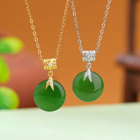 ネックレス レディース S925純銀製 金メッキ 和田玉 碧玉 新中華風 レトロ 竹モチーフ 円形 ペンダントトップ 春夏 ファッション