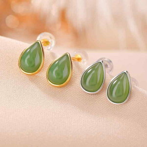 ピアス レディース S925スターリングシルバー 金メッキ 天然石 和田翡翠 ジェード ドロップ ティアドロップ しずく型 レトロ アンティーク調 シンプル 上品 エレガント ゴールド シルバー 万