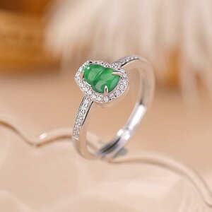 指輪 レディース シルバー925 純銀 翡翠 瓢箪 ひょうたんモチーフ 縁起物 幸運 レトロ アンティーク フリーサイズ オープンリング 上品 エレガント 普段使い デイリー