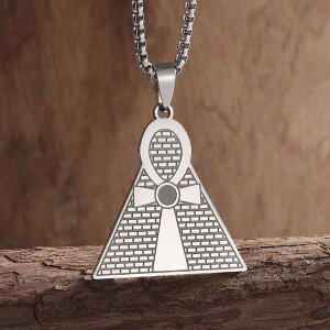 ネックレス 男女兼用 メンズ レディース ユニセックス ステンレス製 電気メッキ加工 エジプト ピラミッド 十字架 生命象徴 三角形 幾何学模様 シルバーカラー ロングネックレス オリジナル