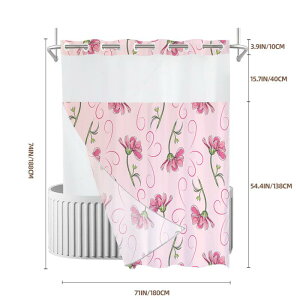シャワーカーテン 防水 ダブルレイヤー デジタルプリント ピンク 花柄 フラワーデザイン ポリエステル モダン シンプル おしゃれ 浴室 バスルーム 4点セット