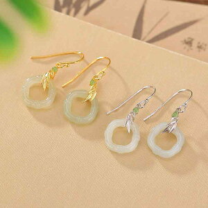 ピアス レディース 女性用 S925シルバー 金メッキ 和田翡翠 ジェイド 竹節 竹の葉 ひし形 透かし細工 レトロ クラシカル エレガント 上品 和風 フックピアス