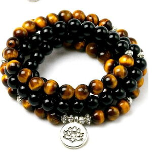 数珠 ブレスレット メンズ レディース 天然石 オブシディアン タイガーアイ 8mm 108玉 合金製 蓮 OM イーブルアイ 仏手 パワーストーン 開運 魔除け 厄除け お守り ネックレス ペンダント(x2)