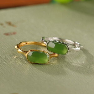 指輪 レディース S925 純銀製 鍍金 和田翡翠 竹の節 楕円形 サイズ調節可能 レトロ 古風 エレガント シンプル 幾何学デザイン