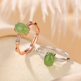 指輪 レディース S925シルバー ローズゴールドメッキ 和田碧玉 玉嵌め込み 竹モチーフ サイズ調整可能 ファッション おしゃれ 上品 高級感 レトロ クラシック どんなスタイルにも合う