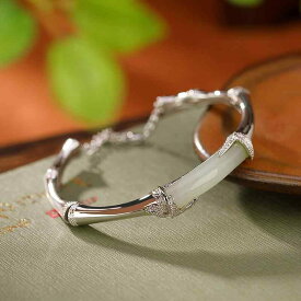 ブレスレット レディース 925シルバー 純銀製 和田玉 象嵌 竹節 竹の葉 光沢 ナチュラルデザイン レトロ ヴィンテージ 古風 エレガント 上品 バングル