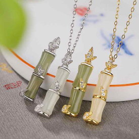 ネックレス 925純銀 金メッキ 和田玉 青玉 白玉 玉象嵌 竹モチーフ 竹の葉 古風 レトロ 上品 エレガント 開運 縁起物 ペンダント アクセサリー