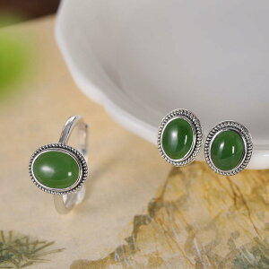 指輪 ピアス セット レディース 女性用 上品 万能 合わせやすい 開口部調節可能 フリーサイズ S925純銀 和田玉 碧玉 シンプル ねじりデザイン カボション 2点セット