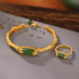 指輪 ブレスレット バングル レディース 女性用 S925純銀製 金メッキ 天然和田碧玉 玉象嵌 レトロ ヴィンテージ 竹モチーフ 開口部調整可能