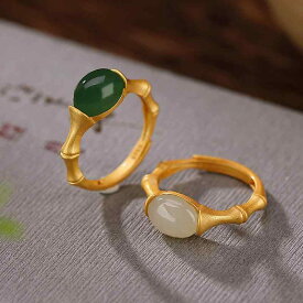 リング レディース S925純銀製 K18金メッキ 和田玉 碧玉 カボション 大ぶり 竹モチーフ 縁起物 シンプル レトロ調 サイズ調整可能 フリーサイズ 普段使い ファッション指輪