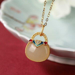 ペンダント レディース S925純銀製 金メッキ 七宝焼き 和田玉 天然石 レトロモダン エスニック調 開運 福袋モチーフ バッグチャーム キーホルダー 上品 アクセサリー