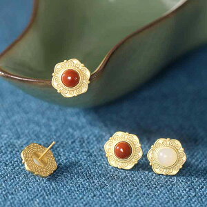 ピアス レディース S925シルバー 和田玉 翡翠 レトロ 宮廷風 シンプル ラウンド フリル 小花モチーフ 揺れる耳飾り 電気メッキ加工 ゴールドカラー 普段使い カジュアル 大人可愛い プレゼン