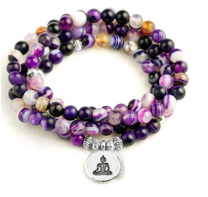 数珠ブレスレット ネックレス メンズ レディース ユニセックス 108珠 8mm 瑪瑙 蓮 OM 仏 目 生命の樹 真鍮 合金 ペンダント(x2)