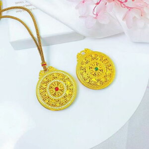 ネックレス 男女兼用 ユニセックス 真鍮製 金メッキ ベトナム砂金 八宝羅盤 コンパス ジルコニア 丸型 ペンダント トップ レトロ ヴィンテージ 吉祥模様 縁起物