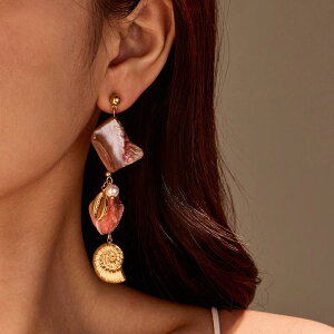 ピアス イヤリング レディース ファッションアクセサリー ボヘミアン ビーチスタイル ピンク シェル フリンジ ステンレス チタン鋼 巻貝 パール 春夏 大人かわいい