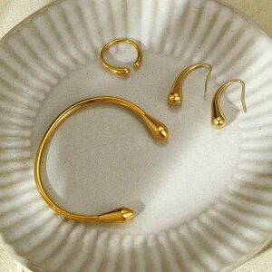 アクセサリーセット レディース 18K金メッキ ステンレス C形 オープンバングル 指輪 ピアス 3点セット ライトラグジュアリー 欧米風 個性派 ファッション小物